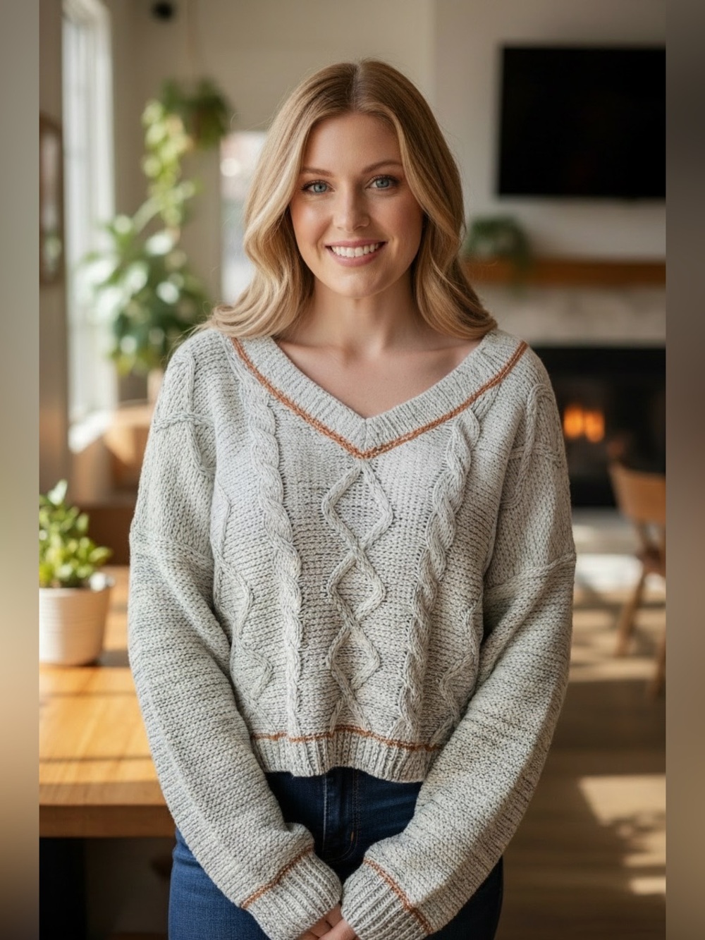 Cozy Cable Knit V-Neck Sweater - Light Gray